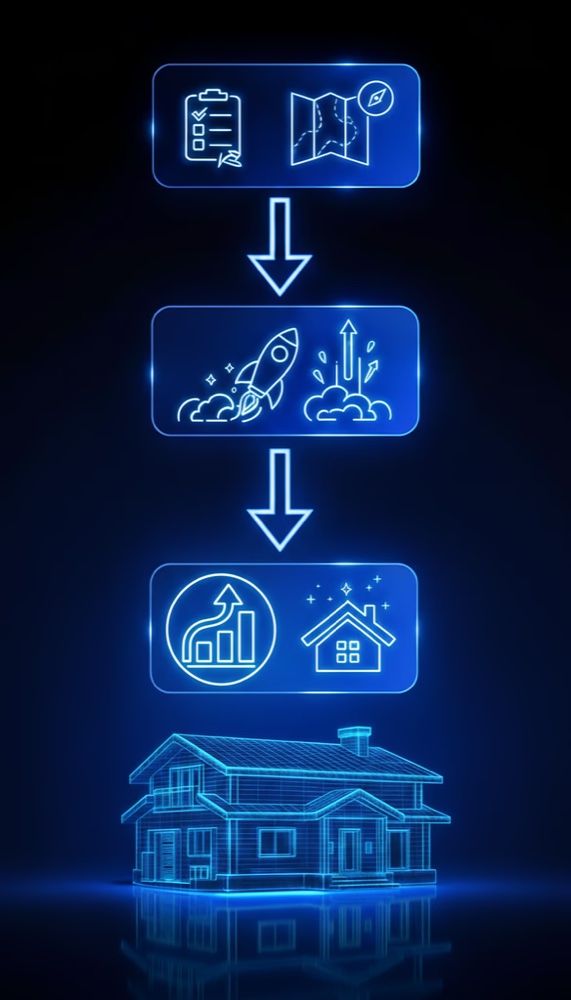 Our 3-step process: strategy, build & launch, optimize & scale